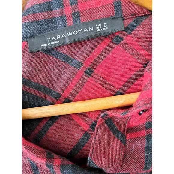 Zara womens medium shirt dress red plaid baloon sleeve peasant boho beach flowy - Picture 4 of 6